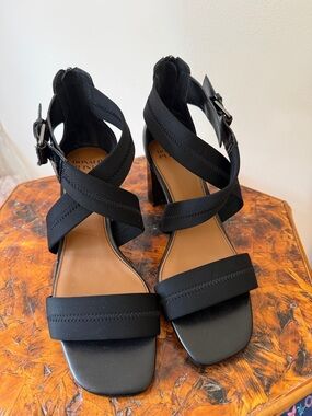 EUC Donald Pliner Women's Paulina Crepe Elastic Block Heel Sandals Black, size 9